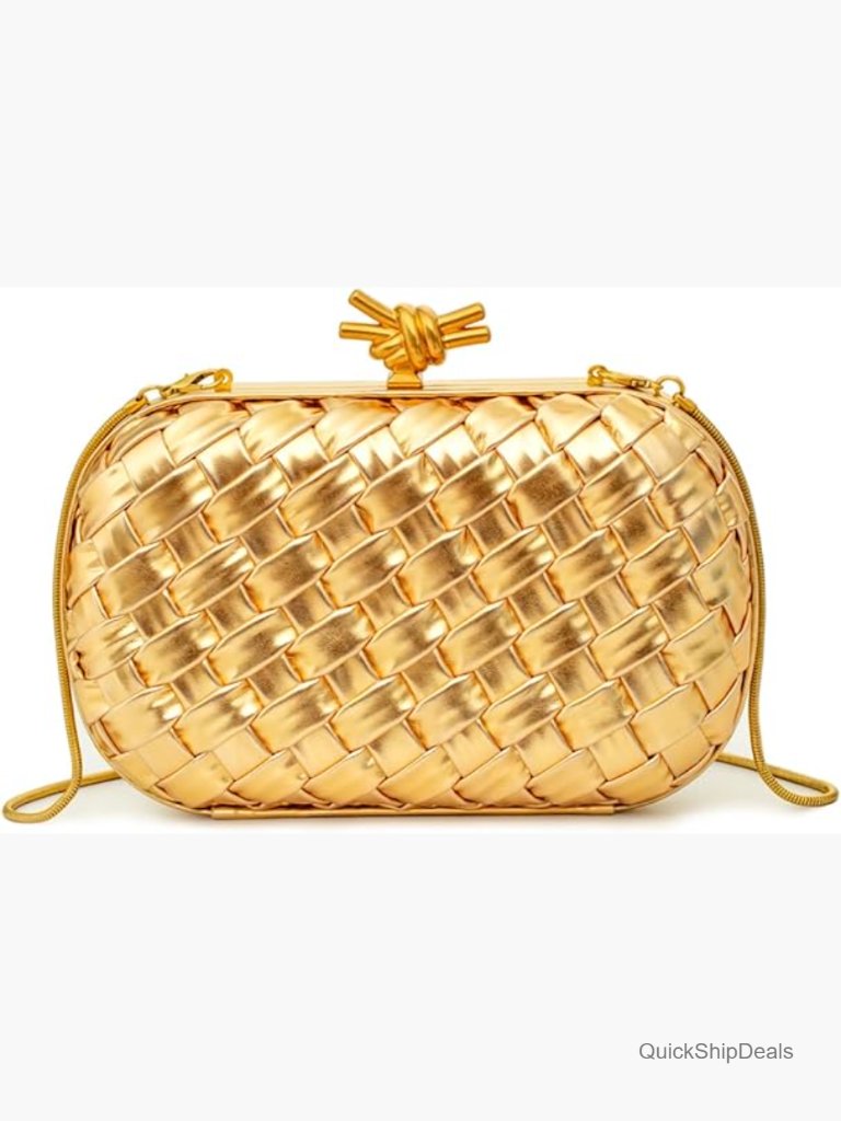 Structured Pu Leather Handwoven Clutch Evening Bag With Removable Chain Strap
